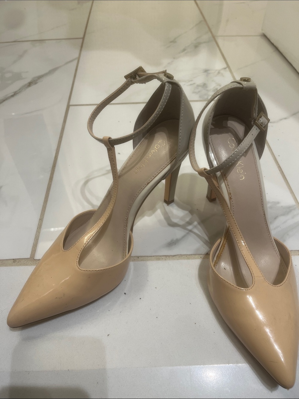 Calvin Klein Nude Patent T-Strap Pointed Toe Pumps